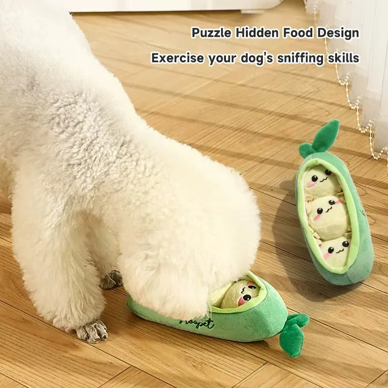 Interactive squeaky dog toy for puppies and small breeds in a choice of Banana Monkey, Carrot Rabbit, Durian, or Pea shape