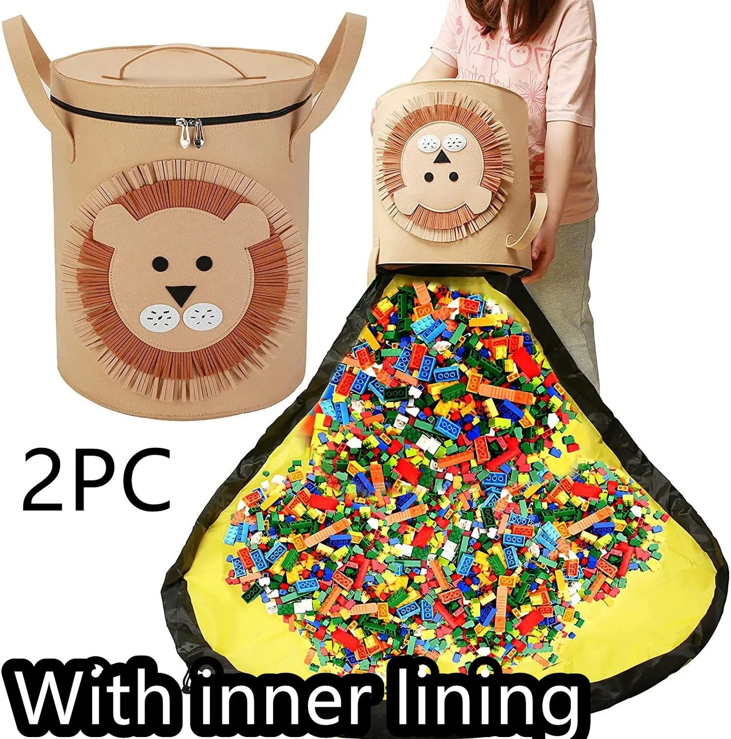 Green felt storage cube with pull rope, unfolded flat as a square play mat next to toys.
