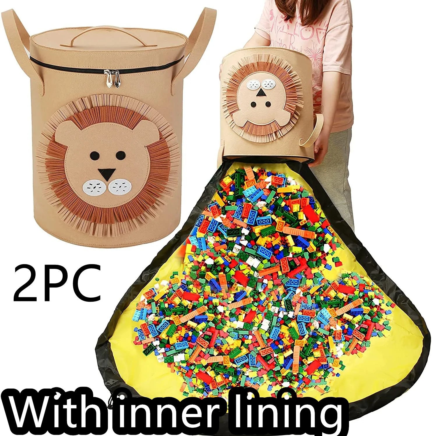 Green felt storage cube with pull rope, unfolded flat as a square play mat next to toys.