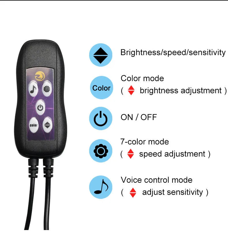 Car USB LED atmosphere lamp showing colour-changing lights installed on centre console and instrument panel