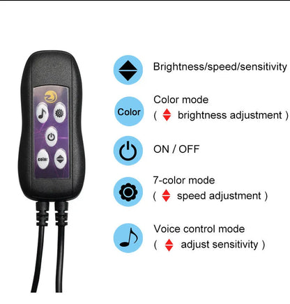 Car USB LED atmosphere lamp showing colour-changing lights installed on centre console and instrument panel