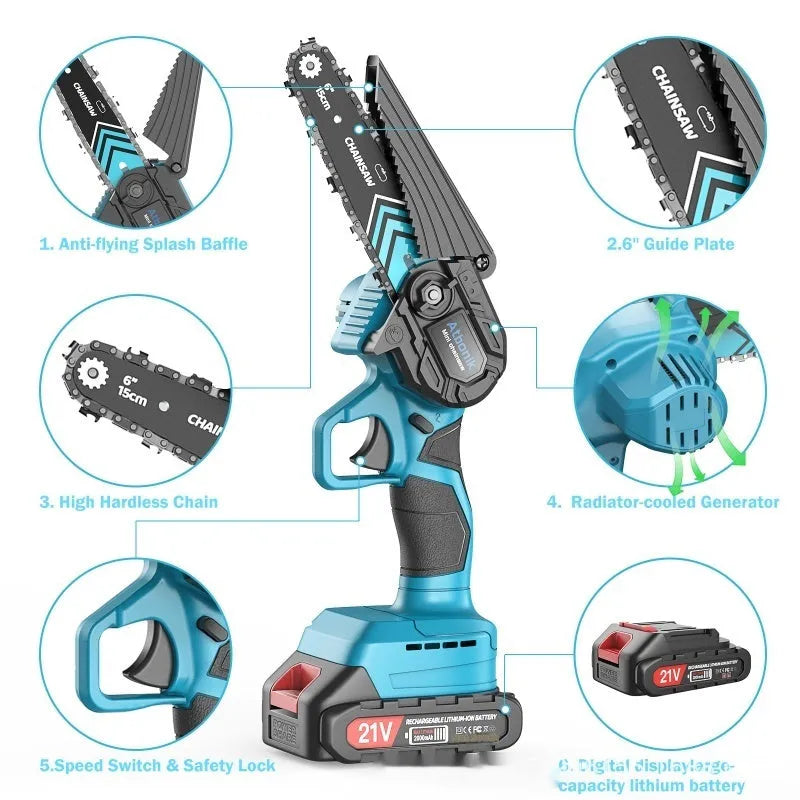 Handheld wireless electric chainsaw with 6-inch chain, batteries, safety goggles, gloves, and storage box