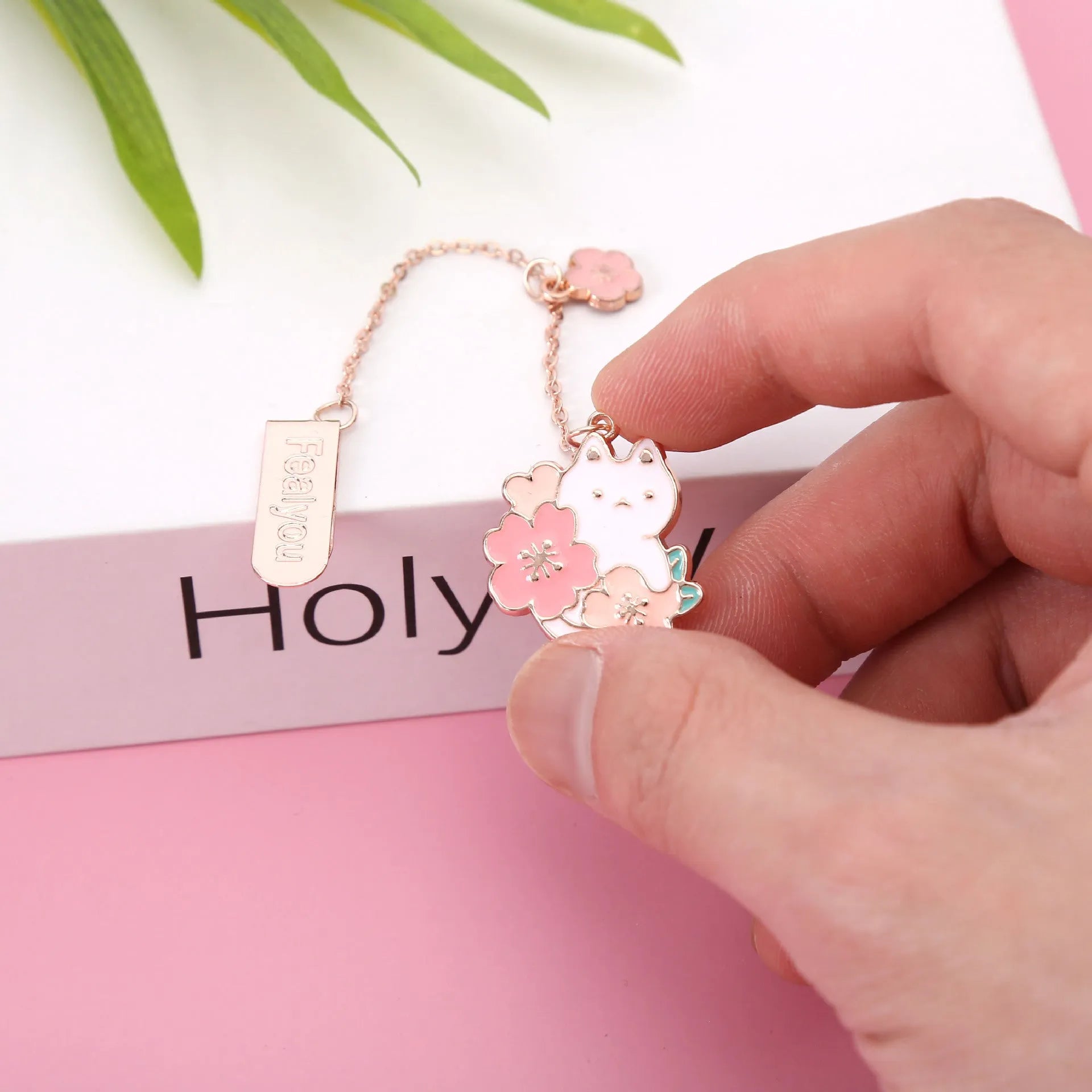 Metal bookmark holder with cartoon cherry blossom cat and rabbit designs