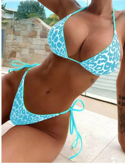 Women's lace-up triangle split bikini swimsuit set in polyester fabric