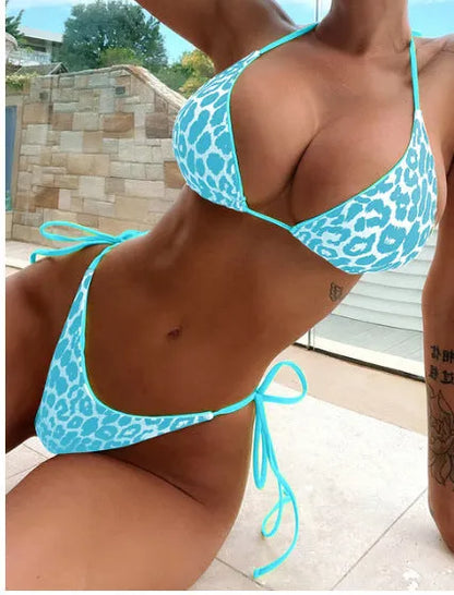 Women's lace-up triangle split bikini swimsuit set in polyester fabric