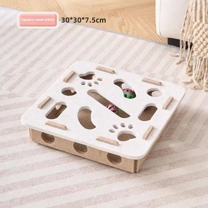 Green brown felt box cat toy with paw holes measuring 30 x 30 x 7.5 cm