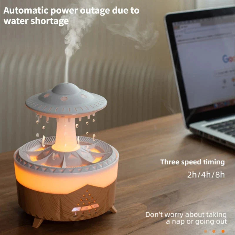 Relaxing cloud-shaped humidifier with raindrop sound, essential oil diffusion, and colorful lighting