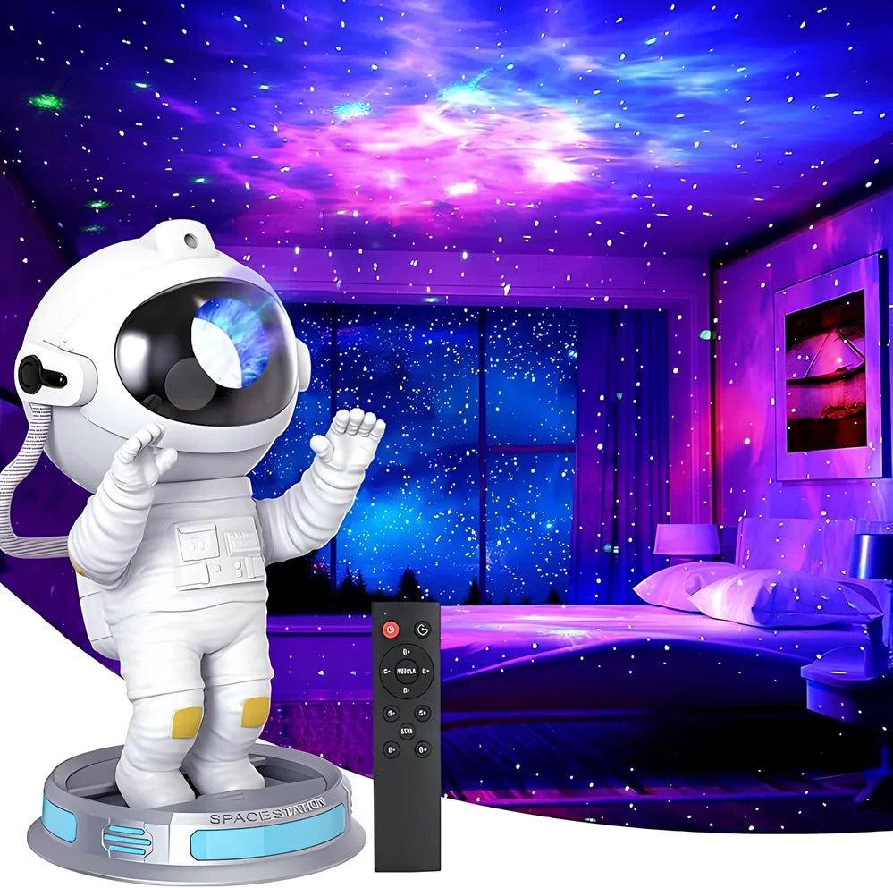 White enamel astronaut starlight projection lamp on base, projecting northern lights and stars, size 22.5 x 12.5 x 12.5cm, USB powered
