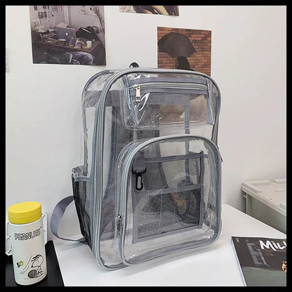 Transparent PVC waterproof backpack with a coloured inner voile bag, shown in various colours.