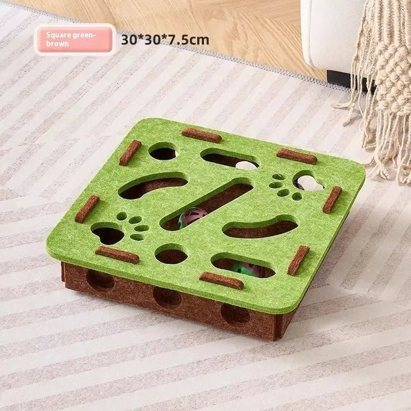 Green brown felt box cat toy with paw holes measuring 30 x 30 x 7.5 cm