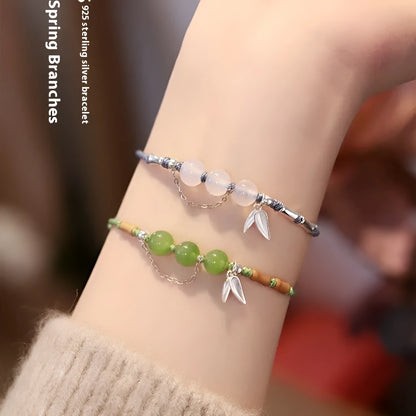 Hetian jade chalcedony bracelet with woven strap in diamond design with lotus detail