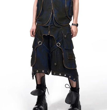 Korean style hooded denim vest coat jacket with matching blue trousers