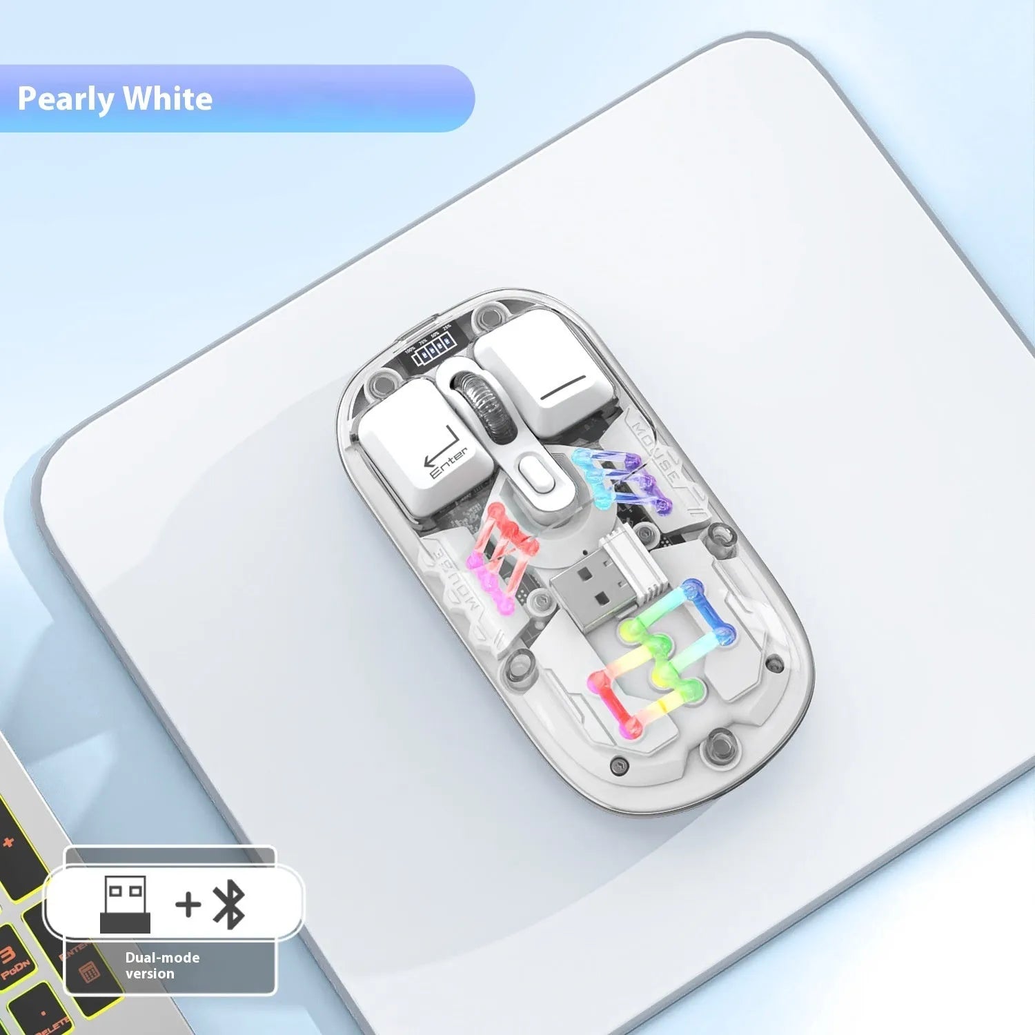 Mechanical keyboard and wireless mouse set in a chosen colour like beige gray or sky blue on a desk.