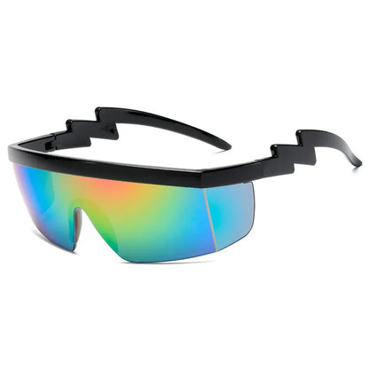 Black one-piece cycling sunglasses with blue polycarbonate lenses and lightning leg temples on a grey background.