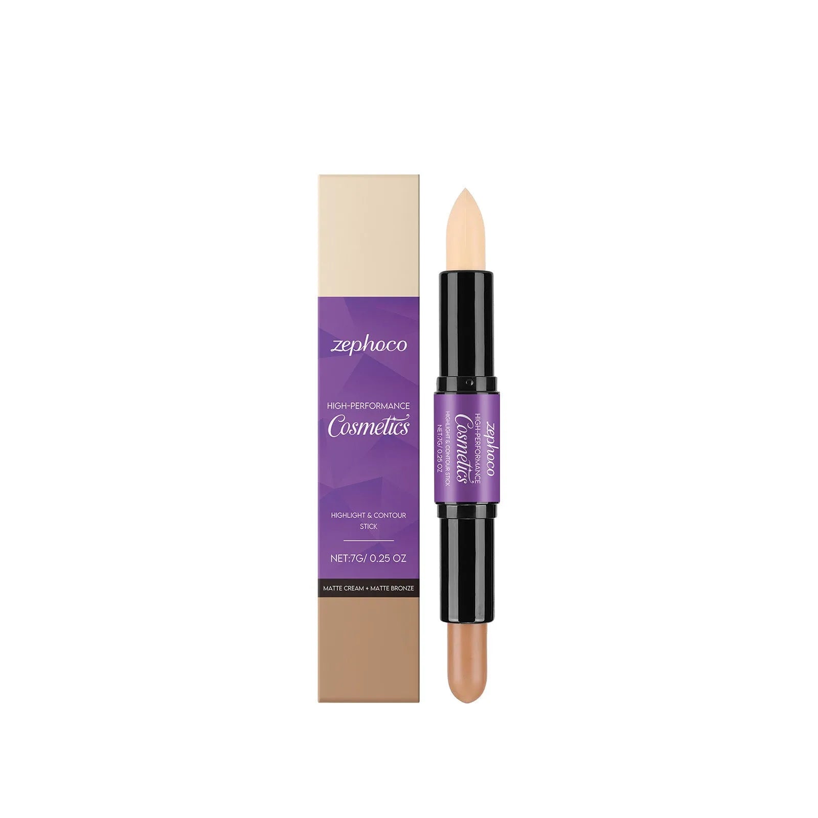 Dual-ended cream highlight and contour makeup stick showing three colour finish options