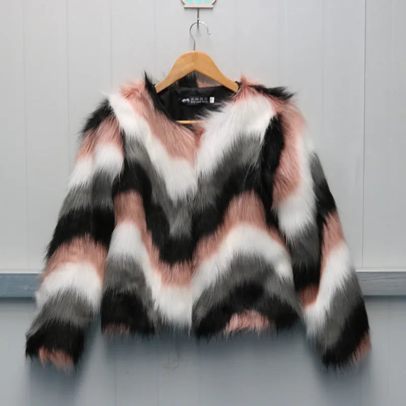 Korean style faux fur short coat with O-neck and long sleeves in picture colour