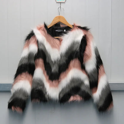 Korean style faux fur short coat with O-neck and long sleeves in picture colour