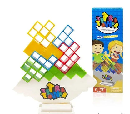 Plastic balance stacking game with 16 colourful blocks, chassis, and base for kids and adults