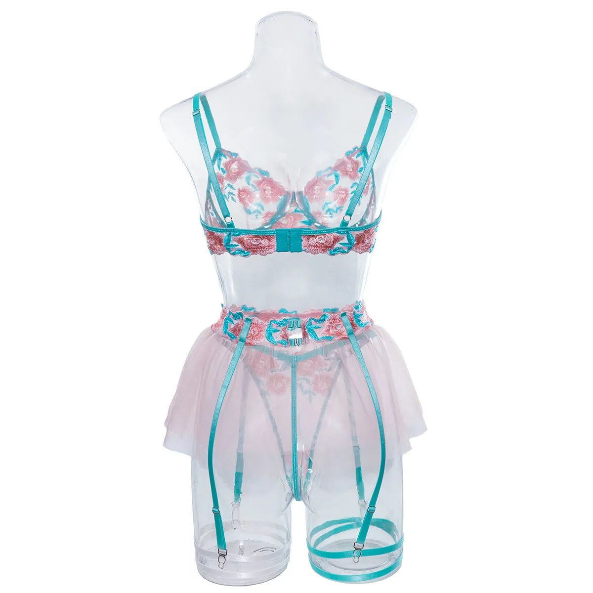 Pink embroidered mesh pettiskirt bikini set for women with matching bra and brief