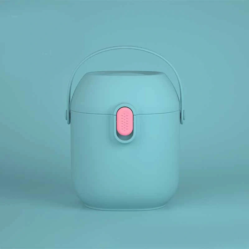 Large portable airtight baby milk powder container with scoop in peacock blue, olive green, and rouge powder