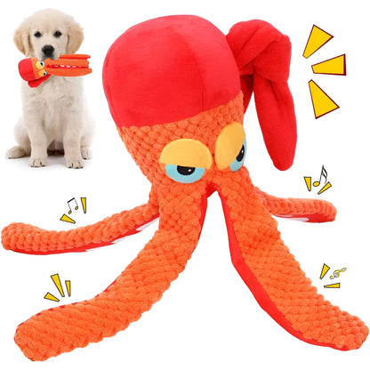 Orange plush octopus dog toy with textured tentacles for dental cleaning and squeaker inside
