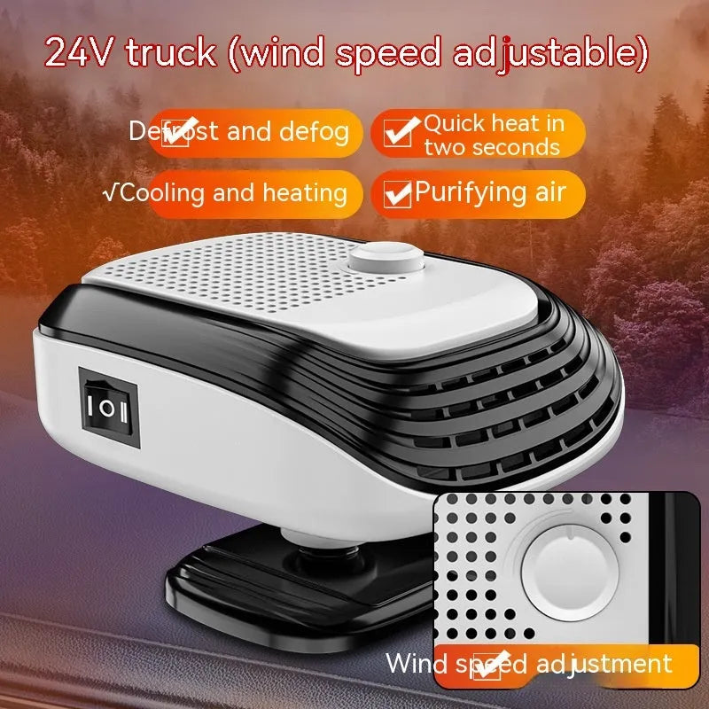 Compact white car heater with ventilation grilles measuring 5x11x13cm for 12V and 24V vehicle installation
