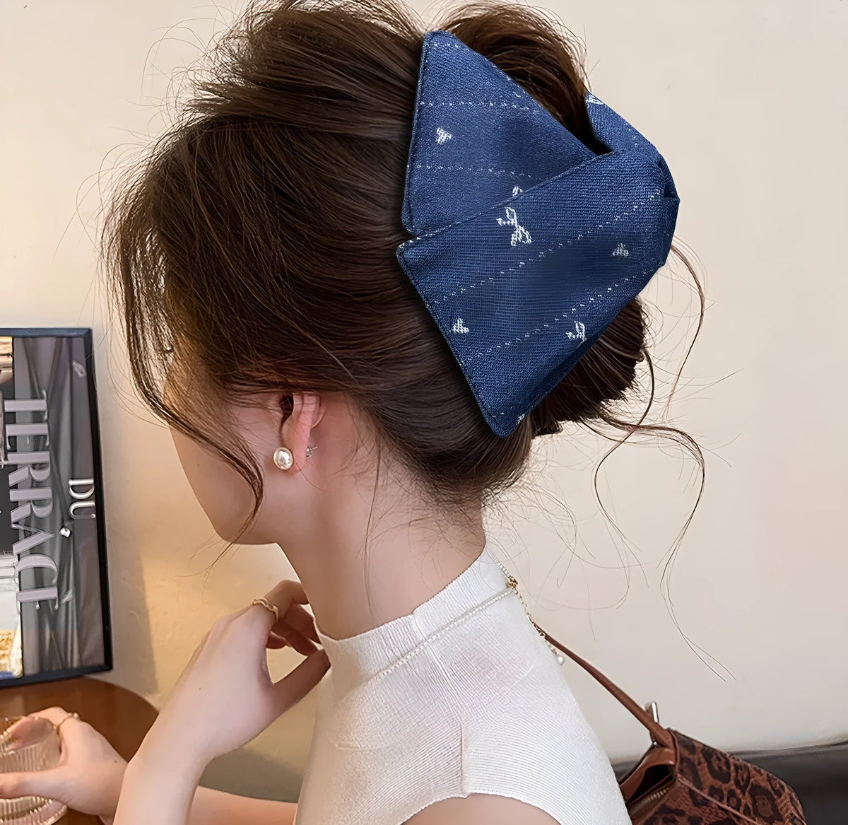 Korean style embroidered denim barrette shark clip in dark blue and smalt colours for women's updos.