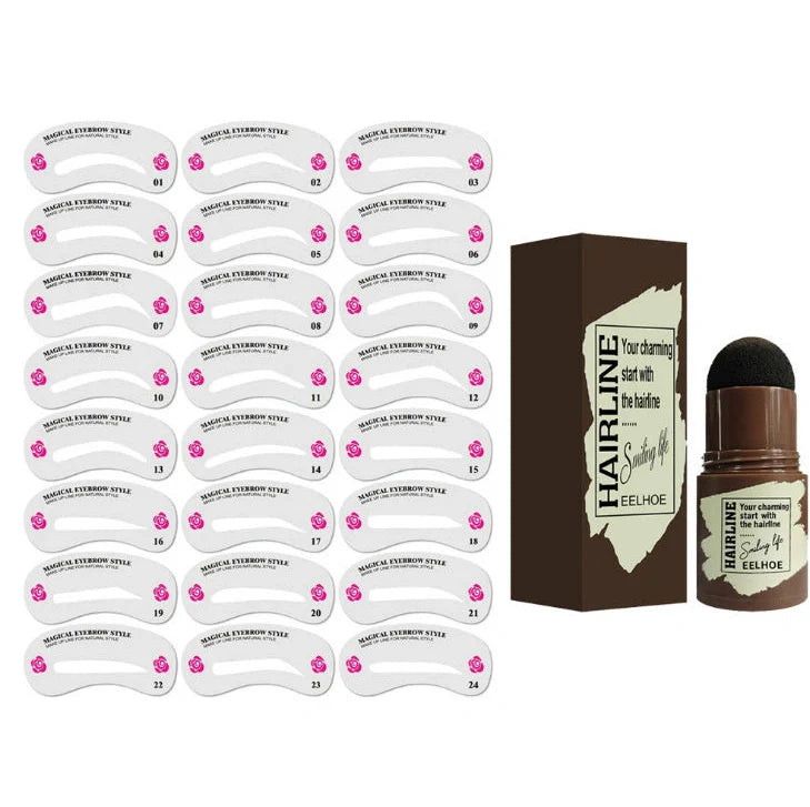 Eyebrow stamp kit with powder compact, air cushion applicator, 10 stencil cards, and dual-ended brow brush on white background