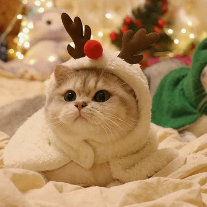 Red antlers polar fleece pet cloak on small dog with winter costume design