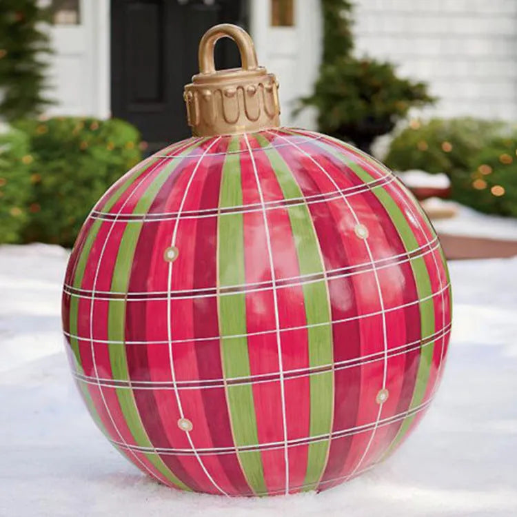 Large 60cm inflatable PVC Christmas decoration ball in bright colours for outdoor garden or tree display.