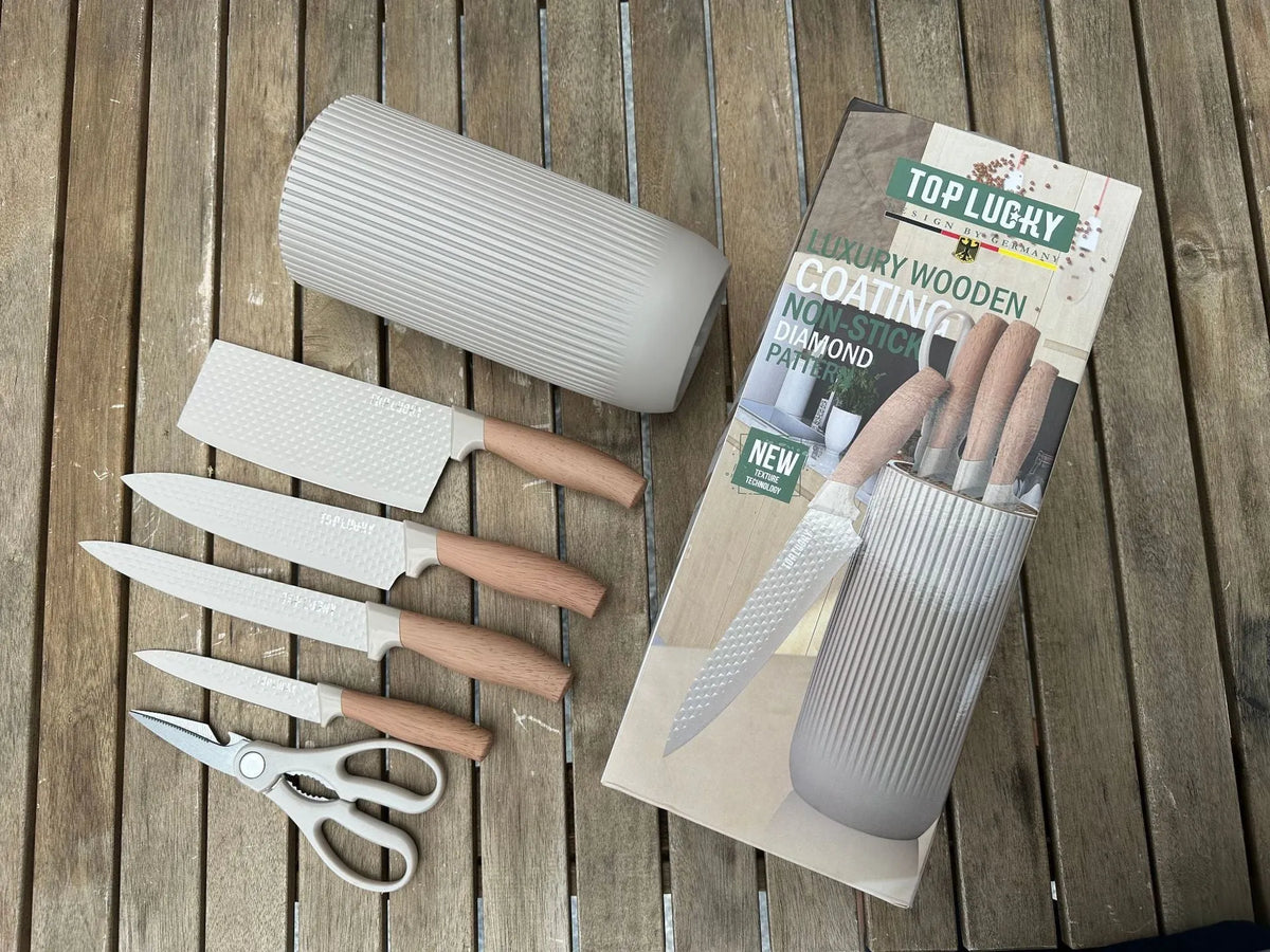 Five-piece kitchen knife set with stainless steel dish knife, scissors and khaki wood grain PP TPR handles