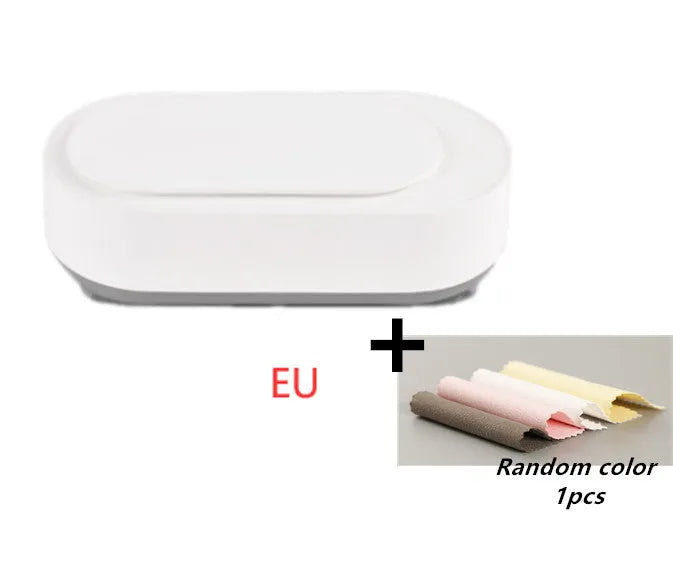 White portable ultrasonic cleaner with stainless steel tank for cleaning jewellery and glasses.