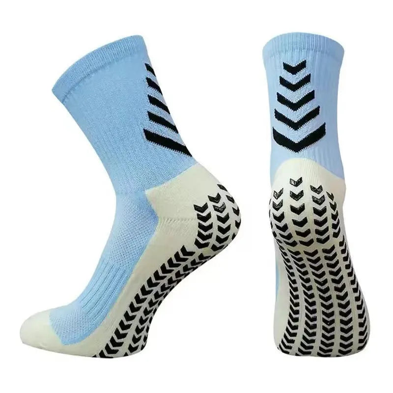 Men's mid-calf athletic football socks with geometric patterns and silicone grip sole