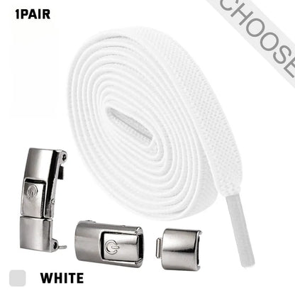 Press lock elastic shoelace with 8mm widened flat profile in assorted colours.