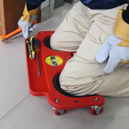 Plastic car repair knee board with universal wheel, shown in blue or red, for household kneeling tasks