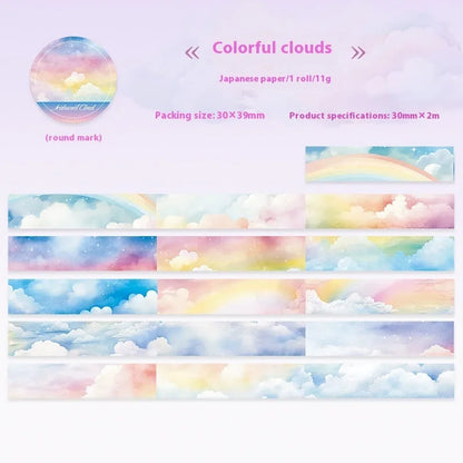 Japanese paper washi tape roll with sky theme decoration, 30mm width, showing colourful clouds pattern