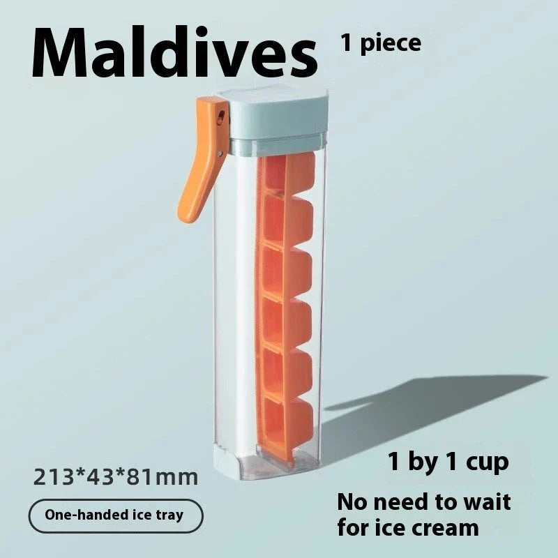 Premium one-touch ice cube tray in Maldives color and pearl white, with features like food-grade materials, easy ice cube release, and convenient storage box