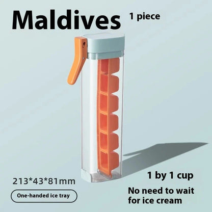 Premium one-touch ice cube tray in Maldives color and pearl white, with features like food-grade materials, easy ice cube release, and convenient storage box