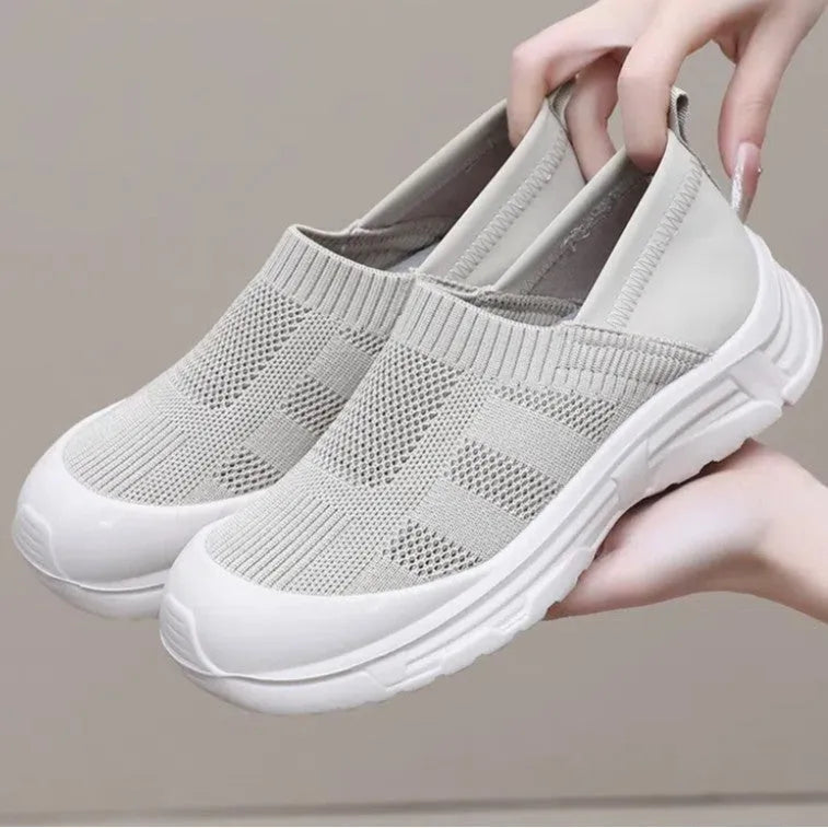 Women's one pedal shoes with soft PVC sole injection moulded construction flat heel breathable cloth upper in black milky white purple colours available in UK sizes 35 to 42
