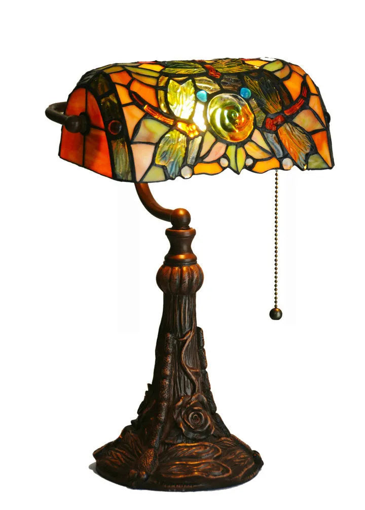 10-inch Tiffany table lamp with stained glass resin base, 25cm wide and 36cm high, on a desk