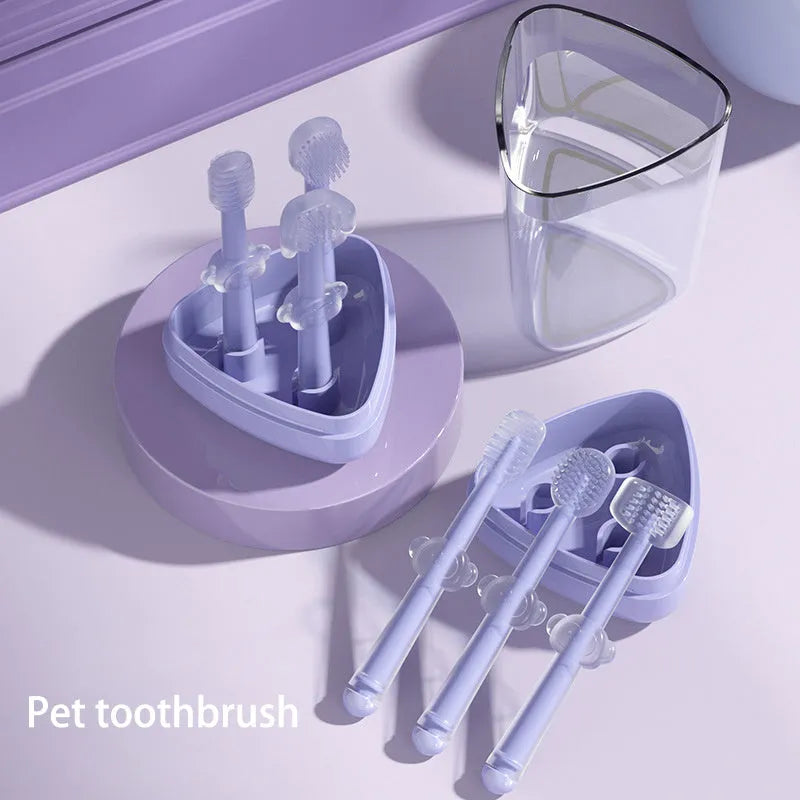 Silicone pet toothbrush for dogs and cats in purple blue green colours for dental care