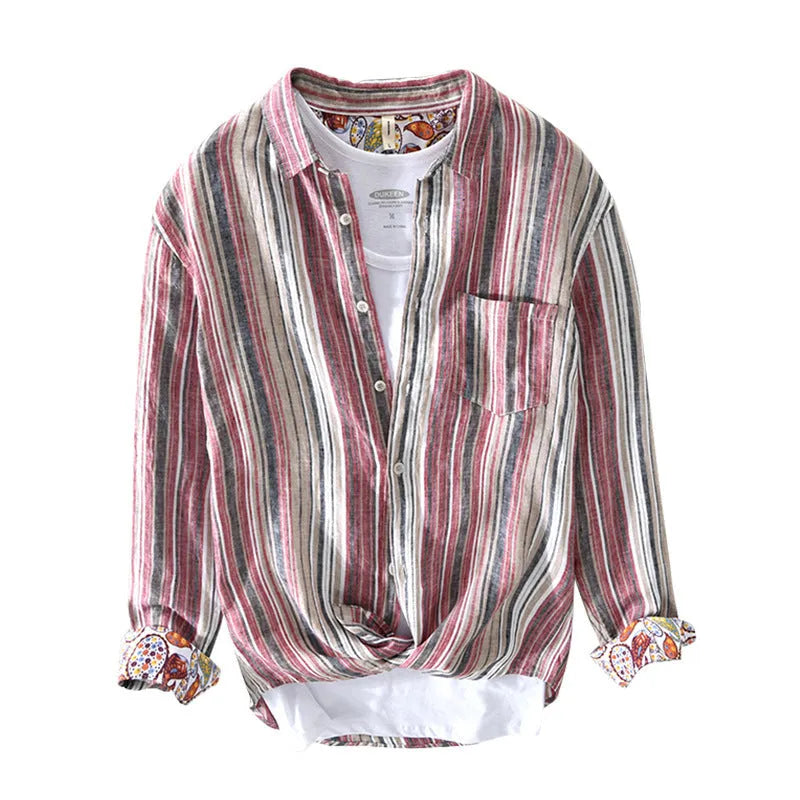 Men's grey striped linen shirt with long sleeves and loose casual fit