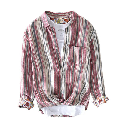Men's grey striped linen shirt with long sleeves and loose casual fit