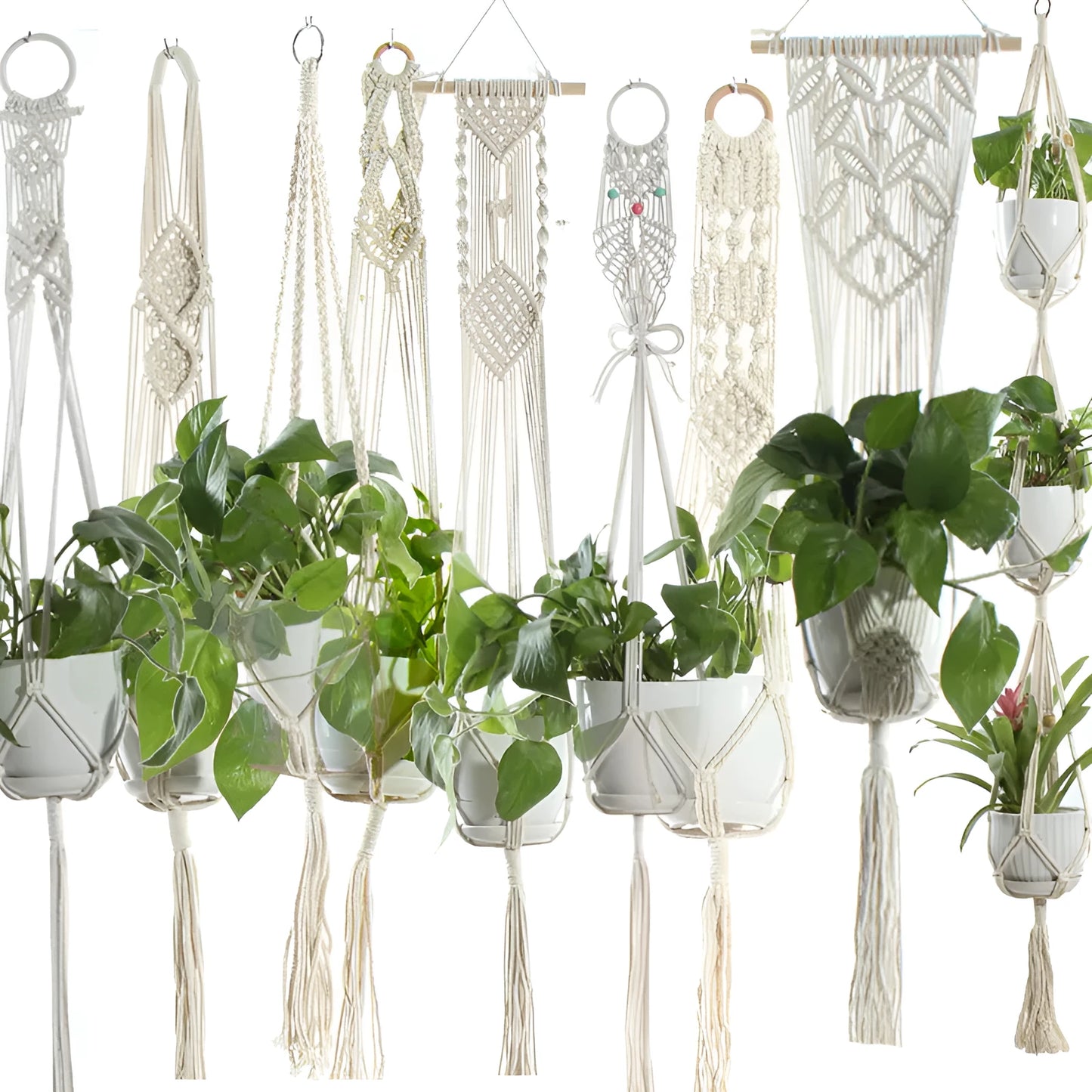 Handmade beige cotton rope net bag holding a plant pot, showing its textured sling design.