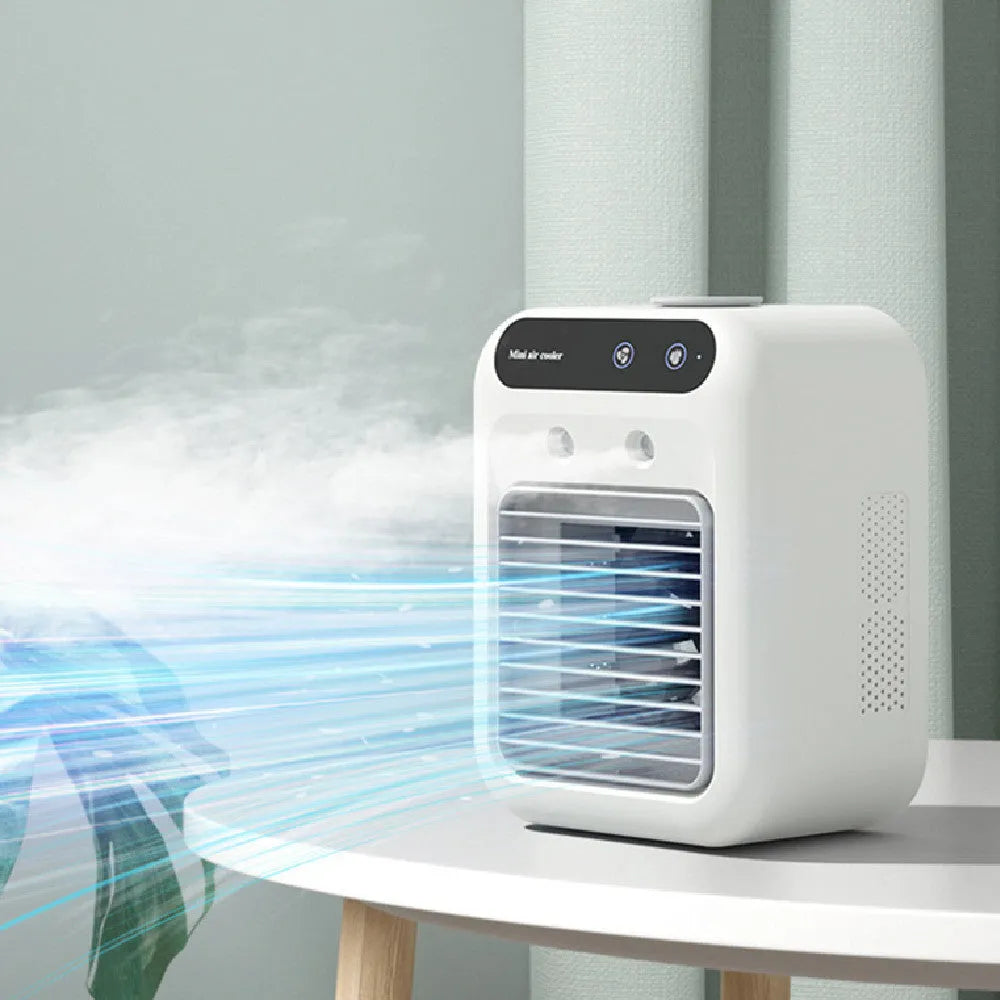 Ivory white USB portable air cooler with water tank and touchscreen display for personal cooling