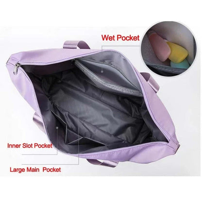 Stylish and spacious foldable travel bag for women, featuring a water-resistant Oxford cloth construction, multiple pockets, and convenient carrying options.