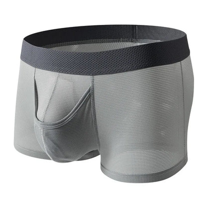 Men's ice silk boxer shorts in nylon mesh fabric showing low-waist design