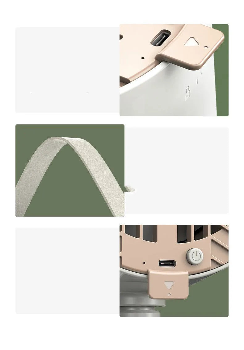 2024 portable desktop exhaust fan in Milky White colour with USB cable and tripod, dimensions 180x108x420mm