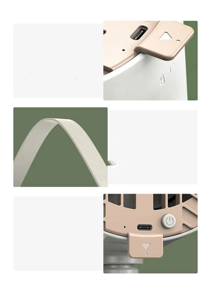 2024 portable desktop exhaust fan in Milky White colour with USB cable and tripod, dimensions 180x108x420mm