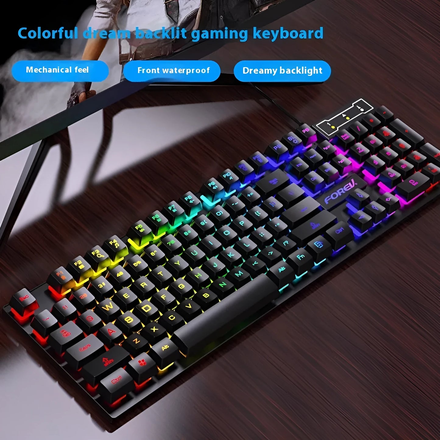 Black portable gaming keyboard with 104 keys and backlight illumination next to matching mouse